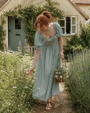 Sage Green Swiss Dot Smocked Cottagecore Maxi Dress Puff Sleeve Prairie L 12 14